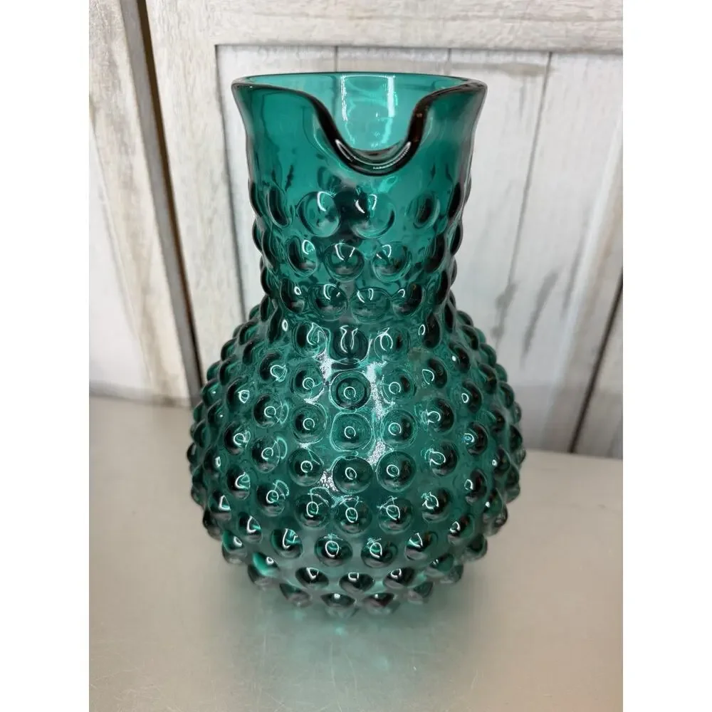 Vintage Hobnail Large Blown Glass Green Pitcher Applied Handle Victorian